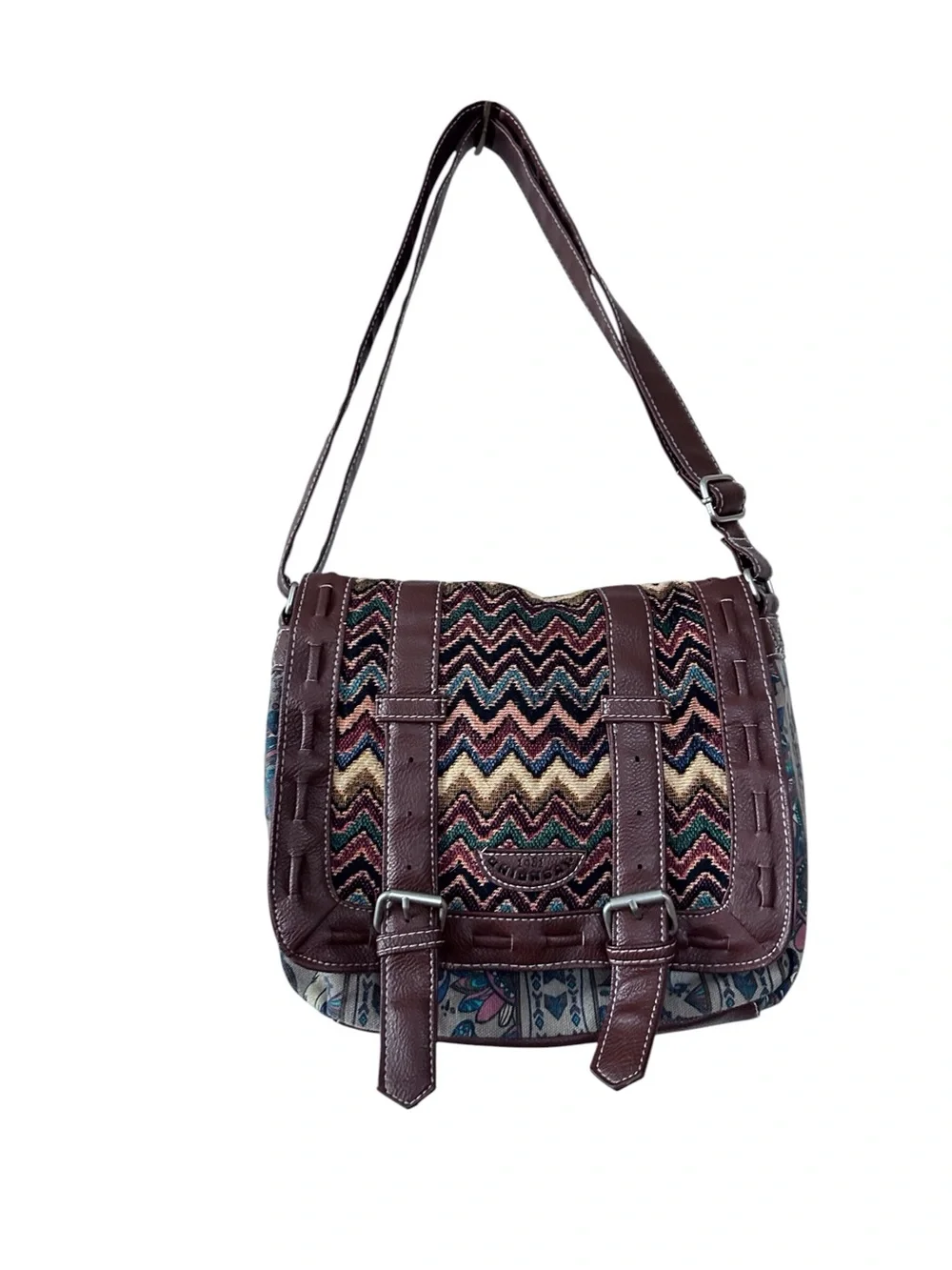 Stylish Multicolor Chevron Men’s Messenger Bag with Brown Leather Trim
